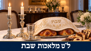 שולחן שבת ערוך עם פמוטי כסף, נרות, גביע קידוש וחלות מכוסות – ל"ט מלאכות שבת