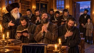 מניין יהודים מתפללים מעומק הלב לאור נרות בבית המדרש – סיפור הבעל שם טוב