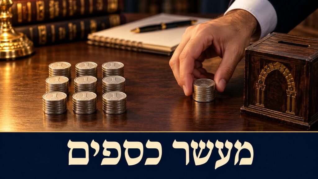 מעשר כספים – עשרה ערימות מטבעות, אחת מהן נכנסת לקופת צדקה